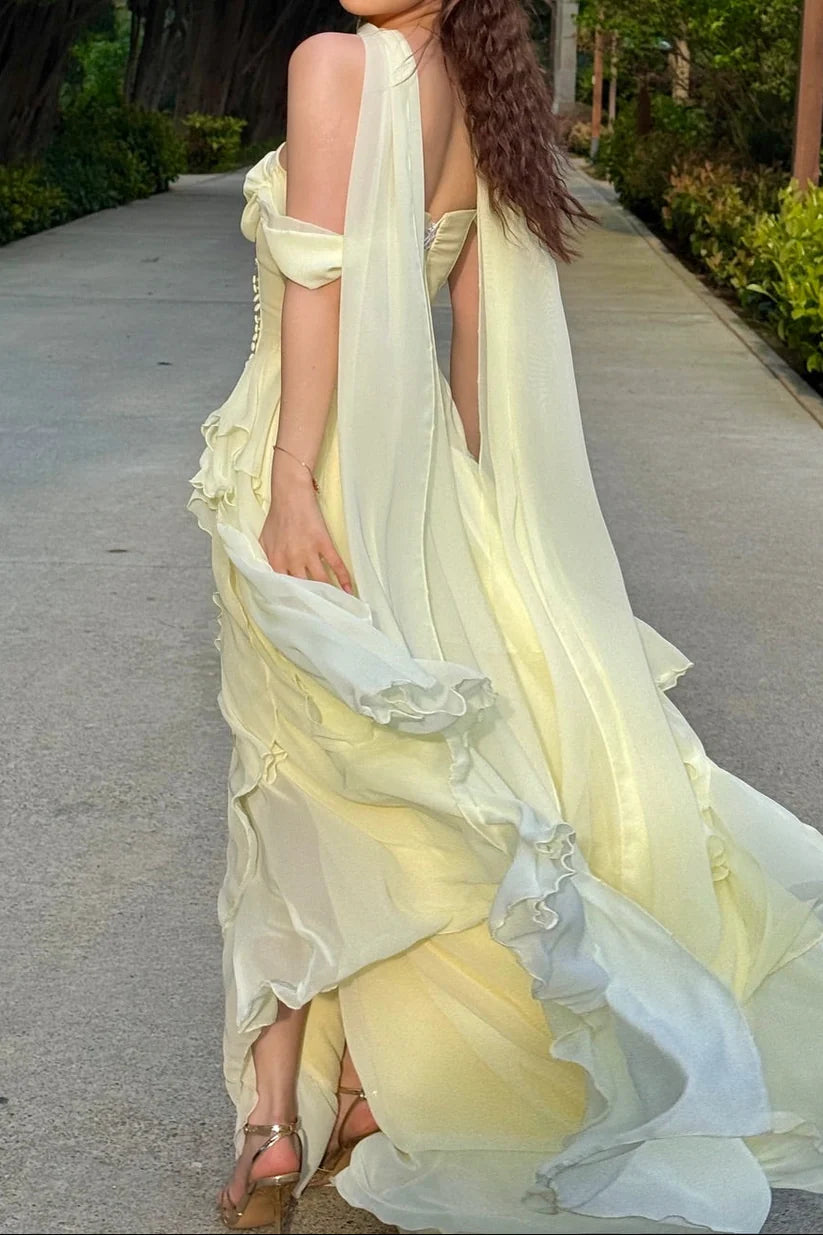 Chic Yellow Off The Shoulder Multi-Layer Ruffled Chiffon High Slit A Line Long Prom Dress With Matching Neck Scarf AD1026