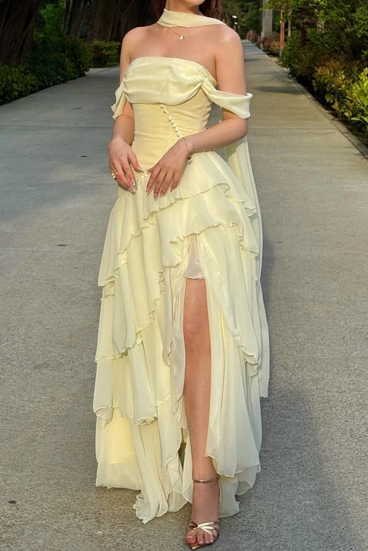 Chic Yellow Off The Shoulder Multi-Layer Ruffled Chiffon High Slit A Line Long Prom Dress With Matching Neck Scarf AD1026