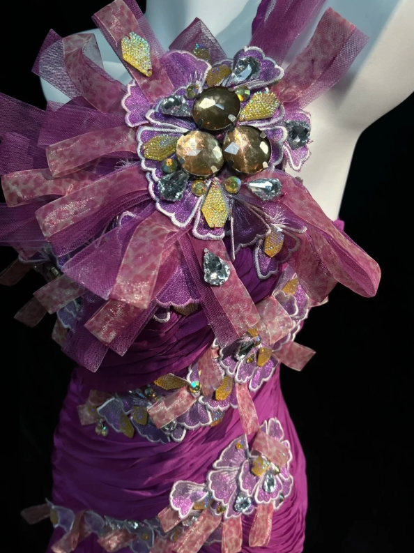 Stunning Fuchsia One Shoulder Ruched Bodice 3D Floral Rhinestone Appliques Mermaid Long Prom Dress AD1027