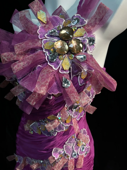 Stunning Fuchsia One Shoulder Ruched Bodice 3D Floral Rhinestone Appliques Mermaid Long Prom Dress AD1027