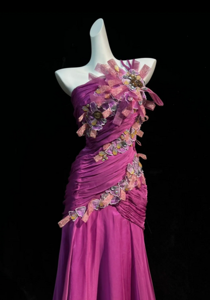Stunning Fuchsia One Shoulder Ruched Bodice 3D Floral Rhinestone Appliques Mermaid Long Prom Dress AD1027