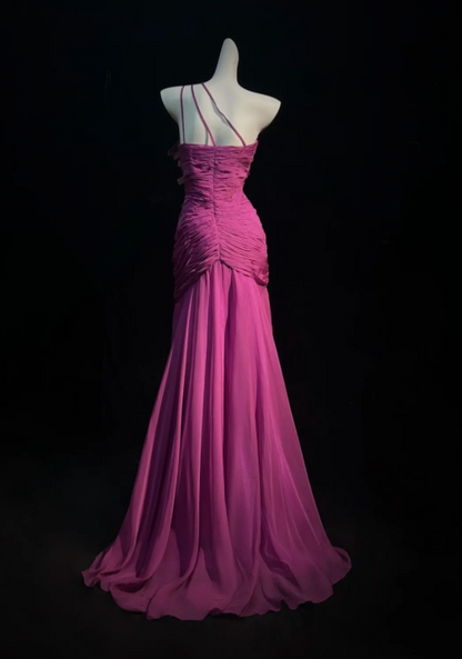 Stunning Fuchsia One Shoulder Ruched Bodice 3D Floral Rhinestone Appliques Mermaid Long Prom Dress AD1027