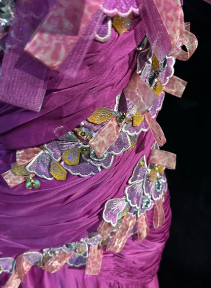 Stunning Fuchsia One Shoulder Ruched Bodice 3D Floral Rhinestone Appliques Mermaid Long Prom Dress AD1027