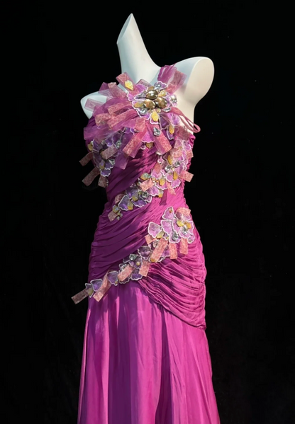 Stunning Fuchsia One Shoulder Ruched Bodice 3D Floral Rhinestone Appliques Mermaid Long Prom Dress AD1027