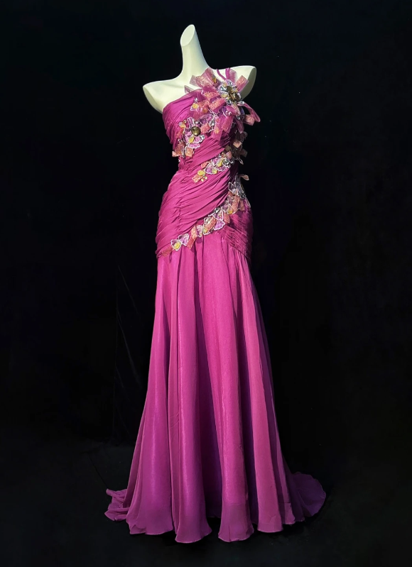 Stunning Fuchsia One Shoulder Ruched Bodice 3D Floral Rhinestone Appliques Mermaid Long Prom Dress AD1027