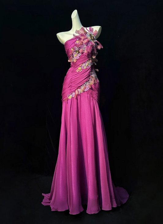 Stunning Fuchsia One Shoulder Ruched Bodice 3D Floral Rhinestone Appliques Mermaid Long Prom Dress AD1027