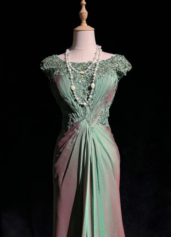 Vintage Sage Green Off The Shoulder Floral Lace Sequin Appliques Twisted Waist Satin Mermaid Long Prom Dress AD1028