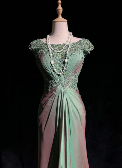Vintage Sage Green Off The Shoulder Floral Lace Sequin Appliques Twisted Waist Satin Mermaid Long Prom Dress AD1028