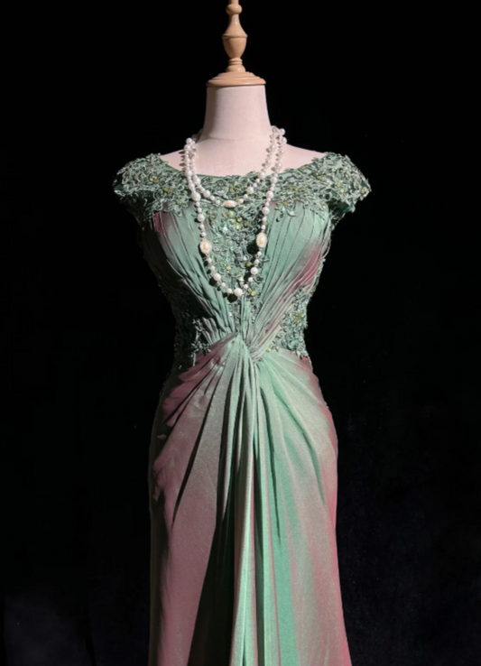 Vintage Sage Green Off The Shoulder Floral Lace Sequin Appliques Twisted Waist Satin Mermaid Long Prom Dress AD1028