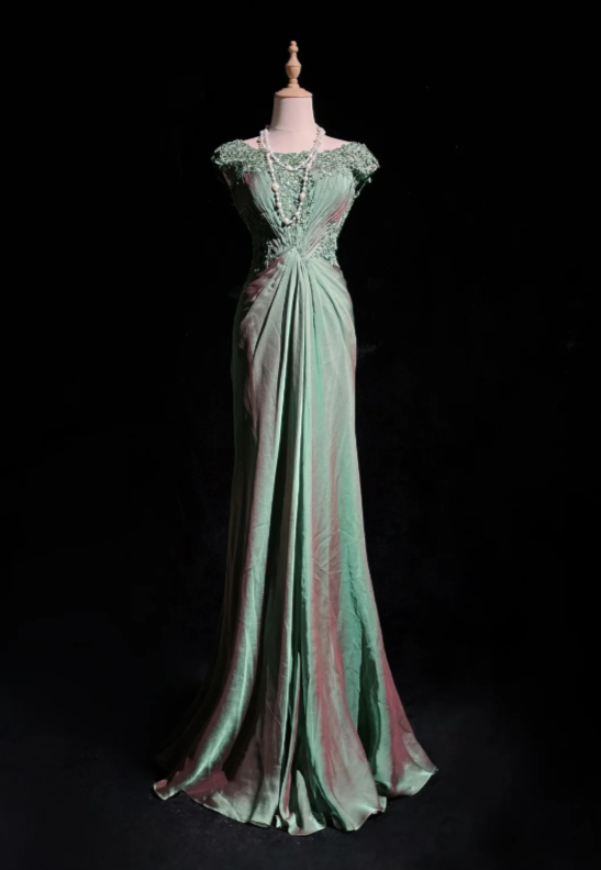 Vintage Sage Green Off The Shoulder Floral Lace Sequin Appliques Twisted Waist Satin Mermaid Long Prom Dress AD1028