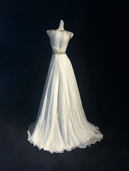Elegant White Boat Neck Sleevelss Beaded Chiffon A-Line Long Prom Dress AD1029