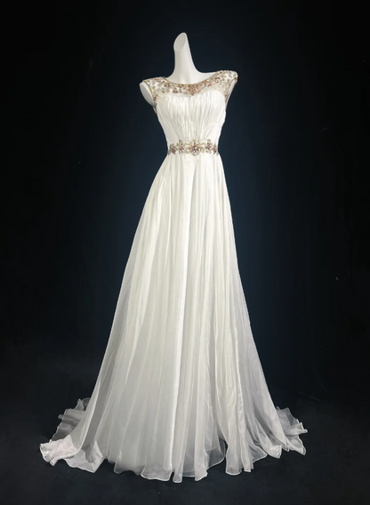 Elegant White Boat Neck Sleevelss Beaded Chiffon A-Line Long Prom Dress AD1029