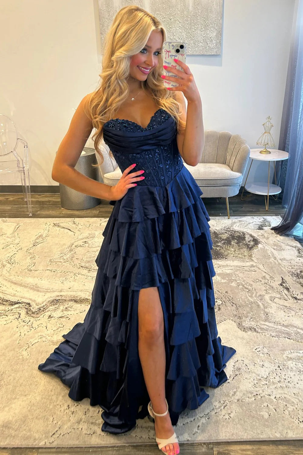 Classic Navy Blue A-Line Sweetheart Corset Prom Dress With Tiered Skirt AD102