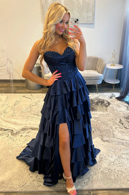 Classic Navy Blue A-Line Sweetheart Corset Prom Dress With Tiered Skirt AD102