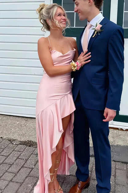 Chic Satin Spaghetti Straps Aqua Blue Long Prom Dress With Ruffles AD103