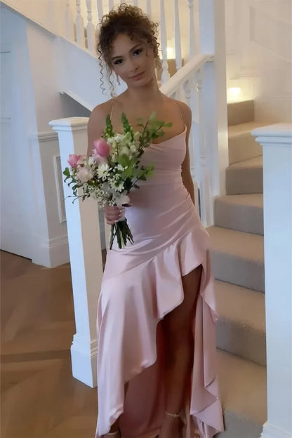 Chic Satin Spaghetti Straps Aqua Blue Long Prom Dress With Ruffles AD103