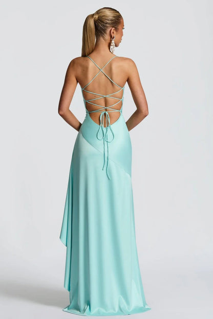 Chic Satin Spaghetti Straps Aqua Blue Long Prom Dress With Ruffles AD103