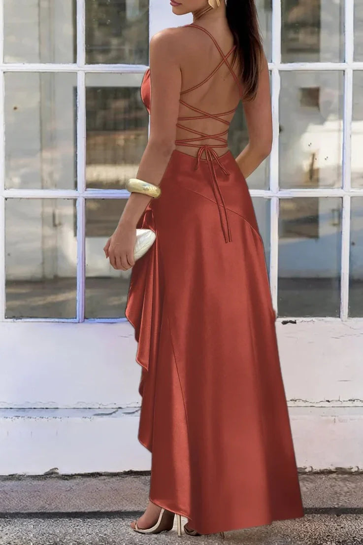 Chic Satin Spaghetti Straps Aqua Blue Long Prom Dress With Ruffles AD103