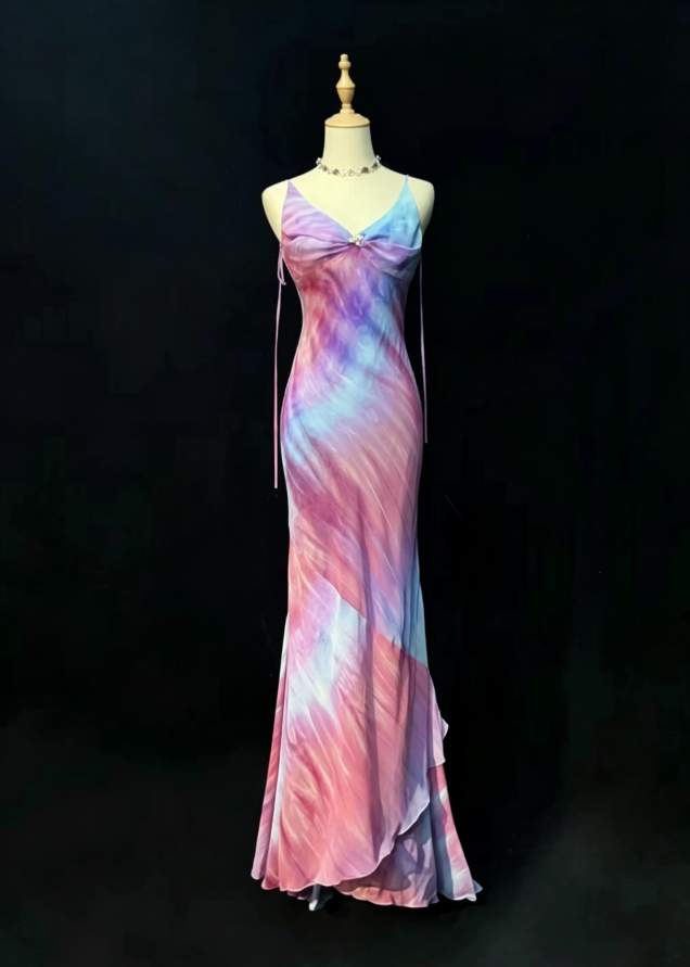 Chic Pink Watercolor Spaghetti Straps Twist Bust Backless Layered Ruffle Mermaid Long Prom Dress AD1031
