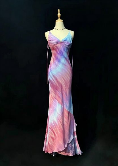 Chic Pink Watercolor Spaghetti Straps Twist Bust Backless Layered Ruffle Mermaid Long Prom Dress AD1031