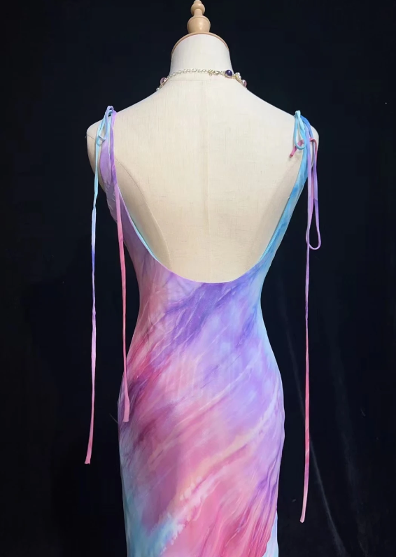 Chic Pink Watercolor Spaghetti Straps Twist Bust Backless Layered Ruffle Mermaid Long Prom Dress AD1031