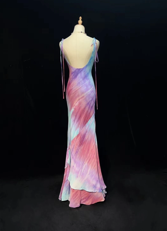 Chic Pink Watercolor Spaghetti Straps Twist Bust Backless Layered Ruffle Mermaid Long Prom Dress AD1031