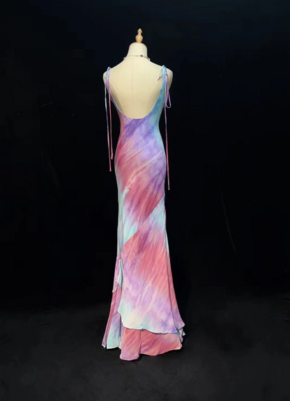 Chic Pink Watercolor Spaghetti Straps Twist Bust Backless Layered Ruffle Mermaid Long Prom Dress AD1031