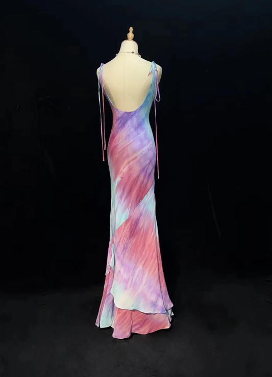 Chic Pink Watercolor Spaghetti Straps Twist Bust Backless Layered Ruffle Mermaid Long Prom Dress AD1031