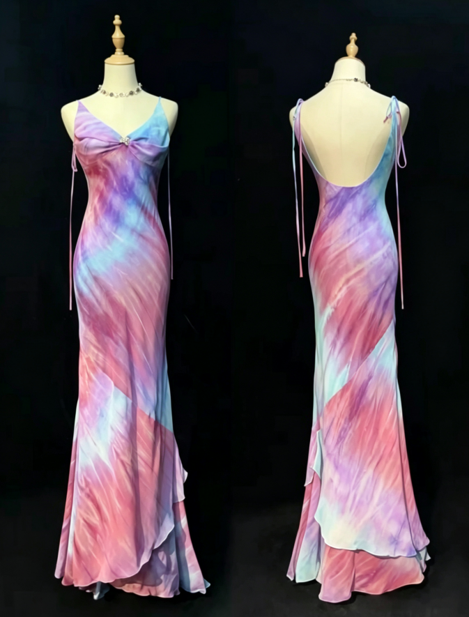 Chic Pink Watercolor Spaghetti Straps Twist Bust Backless Layered Ruffle Mermaid Long Prom Dress AD1031