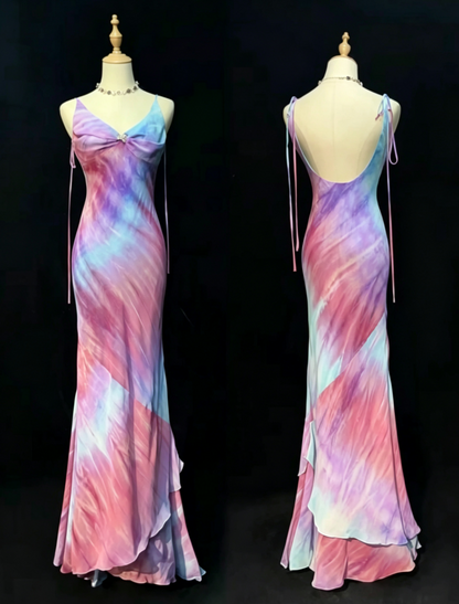 Chic Pink Watercolor Spaghetti Straps Twist Bust Backless Layered Ruffle Mermaid Long Prom Dress AD1031