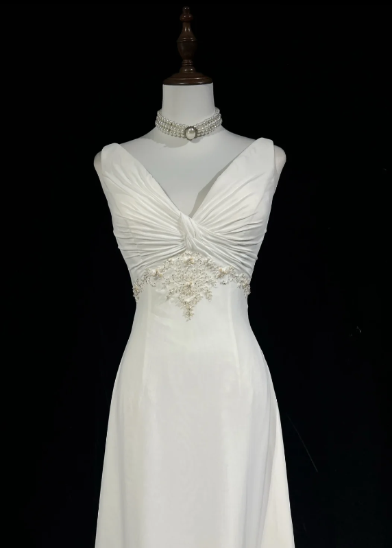 Elegant White Sleeveless V Neck Twist Front Ruched Beading Bodice A Line Long Prom Dress AD1030