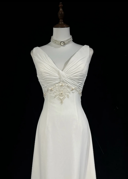 Elegant White Sleeveless V Neck Twist Front Ruched Beading Bodice A Line Long Prom Dress AD1030