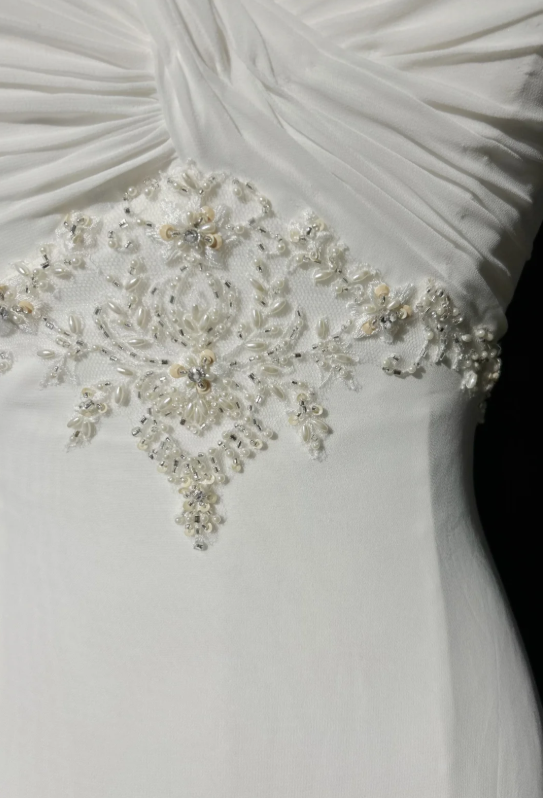 Elegant White Sleeveless V Neck Twist Front Ruched Beading Bodice A Line Long Prom Dress AD1030