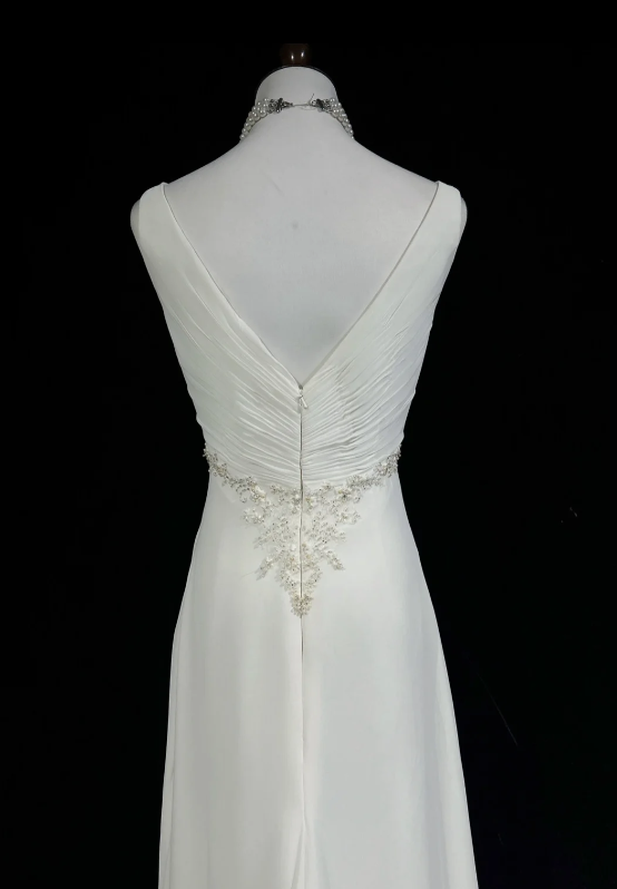 Elegant White Sleeveless V Neck Twist Front Ruched Beading Bodice A Line Long Prom Dress AD1030