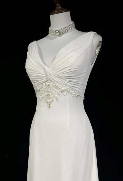 Elegant White Sleeveless V Neck Twist Front Ruched Beading Bodice A Line Long Prom Dress AD1030