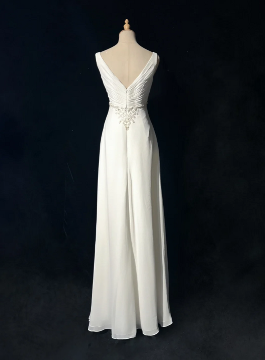 Elegant White Sleeveless V Neck Twist Front Ruched Beading Bodice A Line Long Prom Dress AD1030