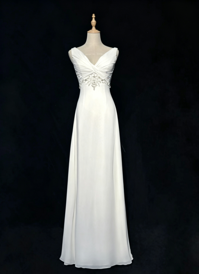 Elegant White Sleeveless V Neck Twist Front Ruched Beading Bodice A Line Long Prom Dress AD1030