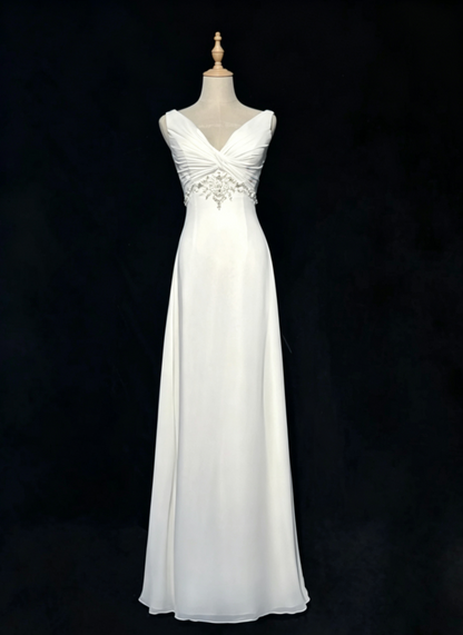Elegant White Sleeveless V Neck Twist Front Ruched Beading Bodice A Line Long Prom Dress AD1030