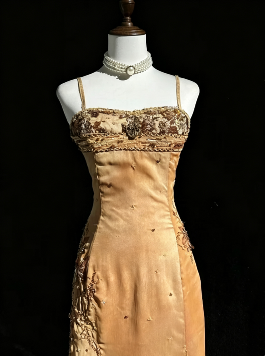 Gorgeous Gold Spaghetti Straps Beaded Slit Asymmetric Ruffle Hem Mermaid Long Prom Dress AD1032
