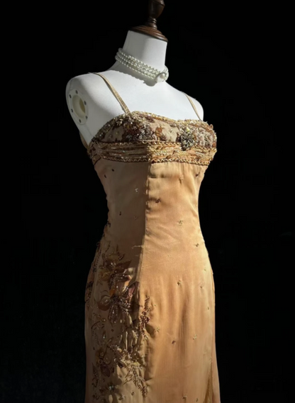 Gorgeous Gold Spaghetti Straps Beaded Slit Asymmetric Ruffle Hem Mermaid Long Prom Dress AD1032