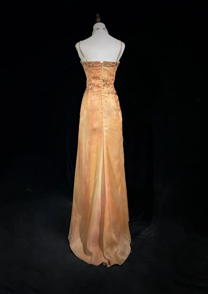 Gorgeous Gold Spaghetti Straps Beaded Slit Asymmetric Ruffle Hem Mermaid Long Prom Dress AD1032