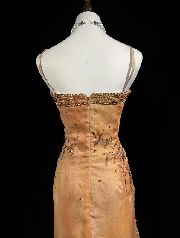 Gorgeous Gold Spaghetti Straps Beaded Slit Asymmetric Ruffle Hem Mermaid Long Prom Dress AD1032