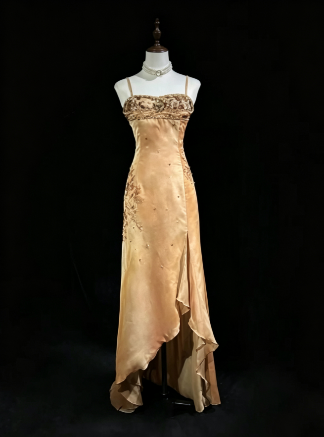 Gorgeous Gold Spaghetti Straps Beaded Slit Asymmetric Ruffle Hem Mermaid Long Prom Dress AD1032