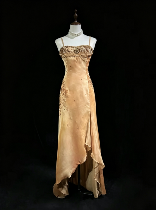 Gorgeous Gold Spaghetti Straps Beaded Slit Asymmetric Ruffle Hem Mermaid Long Prom Dress AD1032