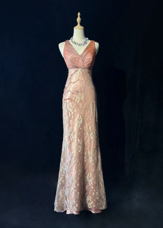 Gorgeous Dusty Rose Sleeveless V Neck Floral Lace Beaded Mermaid Long Prom Dress AD1033