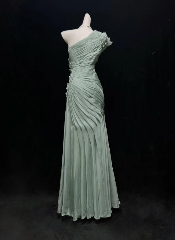 Elegant Sage Green One Shoulder Pleated 3D Floral Appliques Mermaid Long Prom Dress AD1034