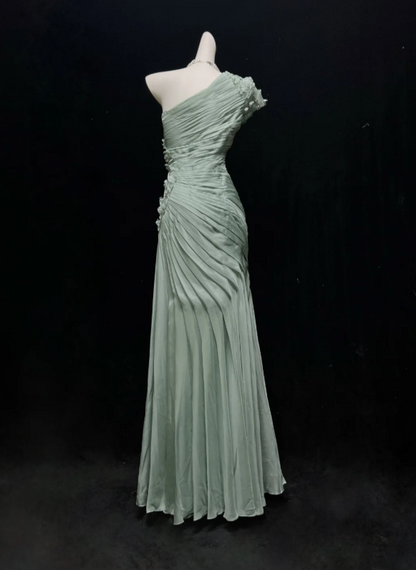 Elegant Sage Green One Shoulder Pleated 3D Floral Appliques Mermaid Long Prom Dress AD1034