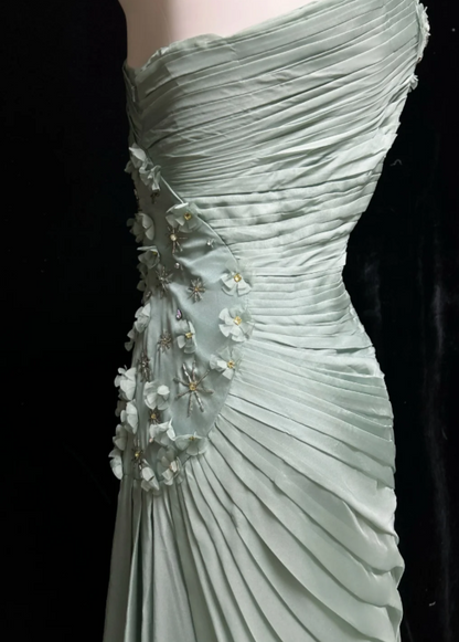Elegant Sage Green One Shoulder Pleated 3D Floral Appliques Mermaid Long Prom Dress AD1034
