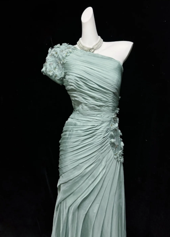 Elegant Sage Green One Shoulder Pleated 3D Floral Appliques Mermaid Long Prom Dress AD1034