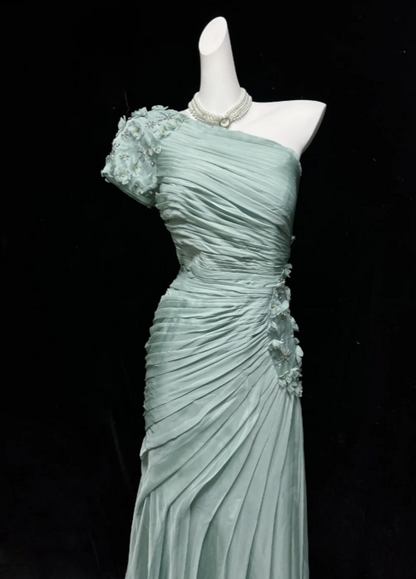 Elegant Sage Green One Shoulder Pleated 3D Floral Appliques Mermaid Long Prom Dress AD1034